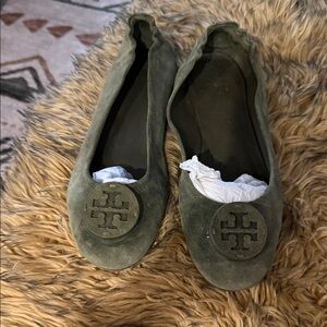 Tory Burch Olive Suede Logo Ballet Flats